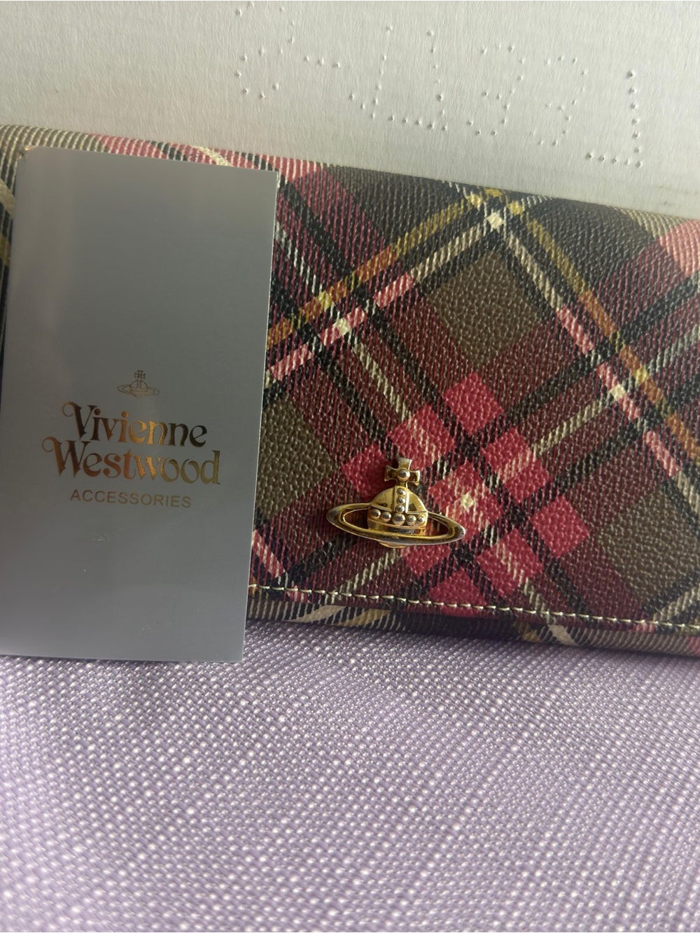 Vivienne Westwood Red & Brown Plaid Wallet with Gold Orb Accent